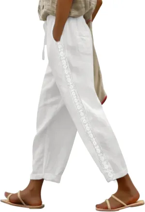 Puimentiua Women Linen Pants Lightweight Capri Pants with Lace Side Summer Casual Beach Drawstring Elastic Waist Trousers