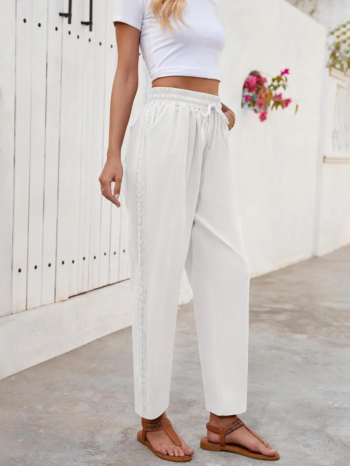 Puimentiua Women Linen Pants Lightweight Capri Pants with Lace Side Summer Casual Beach Drawstring Elastic Waist Trousers