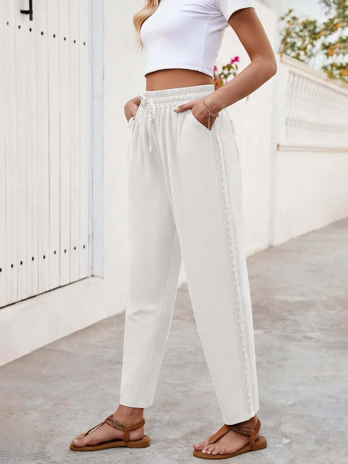 Puimentiua Women Linen Pants Lightweight Capri Pants with Lace Side Summer Casual Beach Drawstring Elastic Waist Trousers