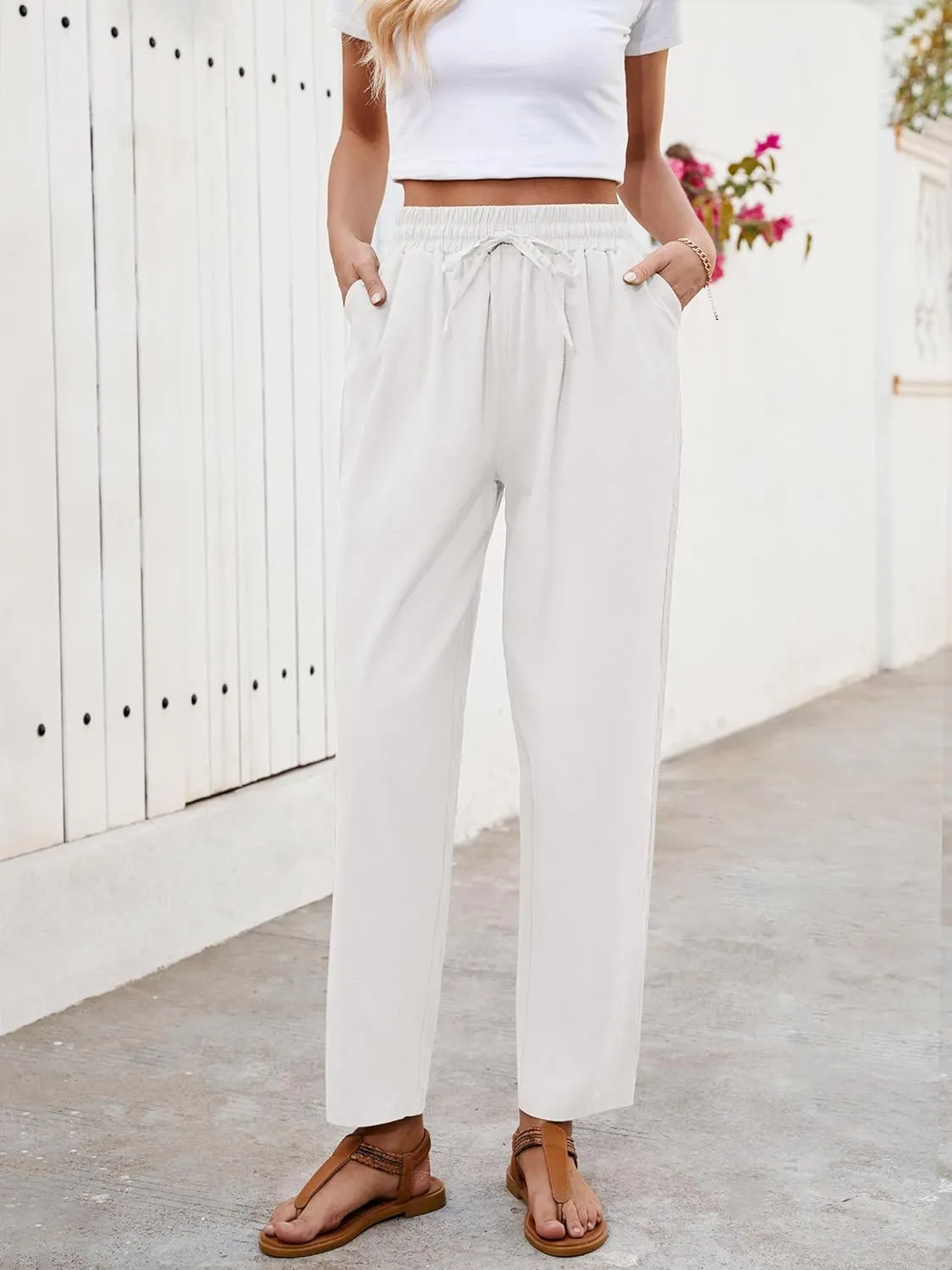 Puimentiua Women Linen Pants Lightweight Capri Pants with Lace Side Summer Casual Beach Drawstring Elastic Waist Trousers