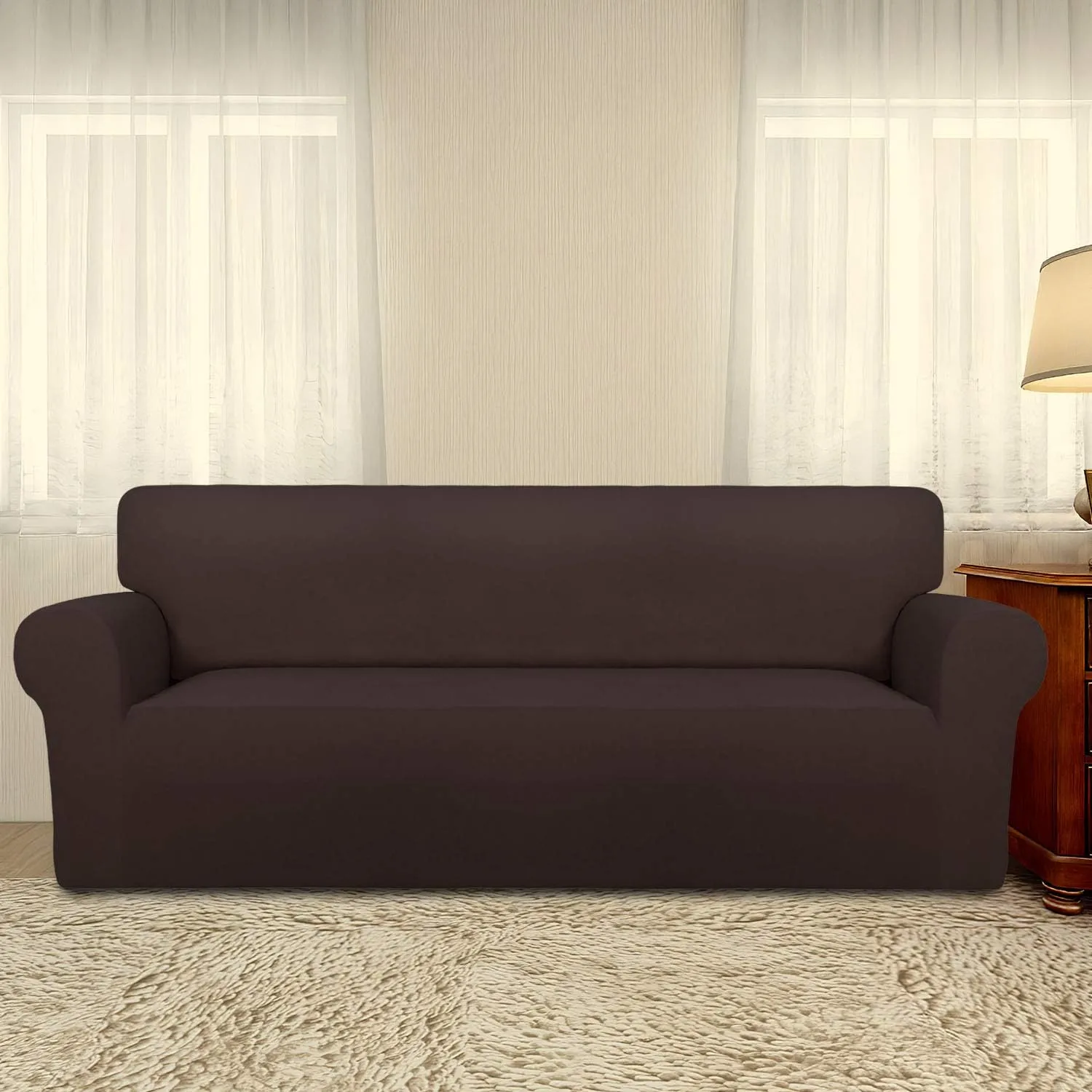 PureFit Super Stretch Sofa Slipcover – Spandex Non Slip Soft Couch Sofa Cover, Washable Furniture Protector with Non Skid Foam and Elastic Bottom for Kids, Pets （Sofa, Chocolate）