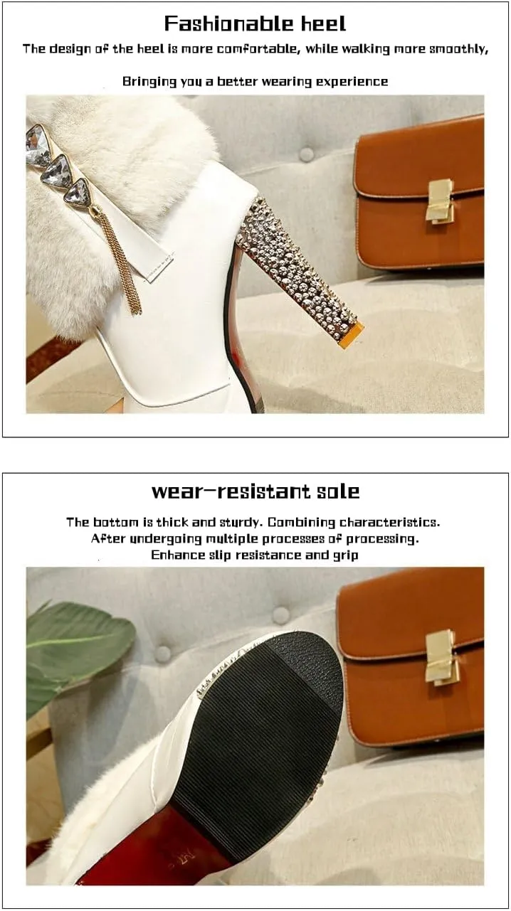 Purubylley Women's Winter Fur Warm Plush Ankle Boots,Fashion Rhinestones Deco Side Zipper Non-slip Warm Closure Chunky High Heel Snow Boots