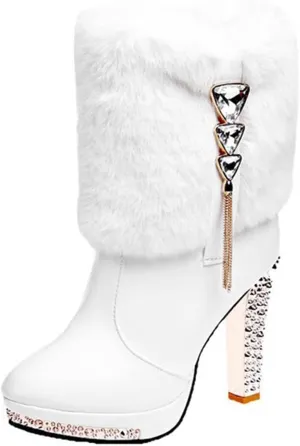 Purubylley Women's Winter Fur Warm Plush Ankle Boots,Fashion Rhinestones Deco Side Zipper Non-slip Warm Closure Chunky High Heel Snow Boots