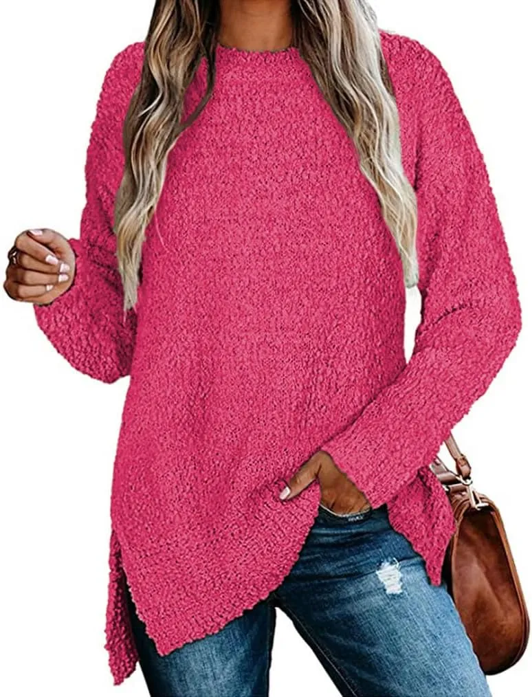 Qearal Women's Long Sleeve Fuzzy Knitted Sweater Popcorn Side Split Loose Pullover Tops