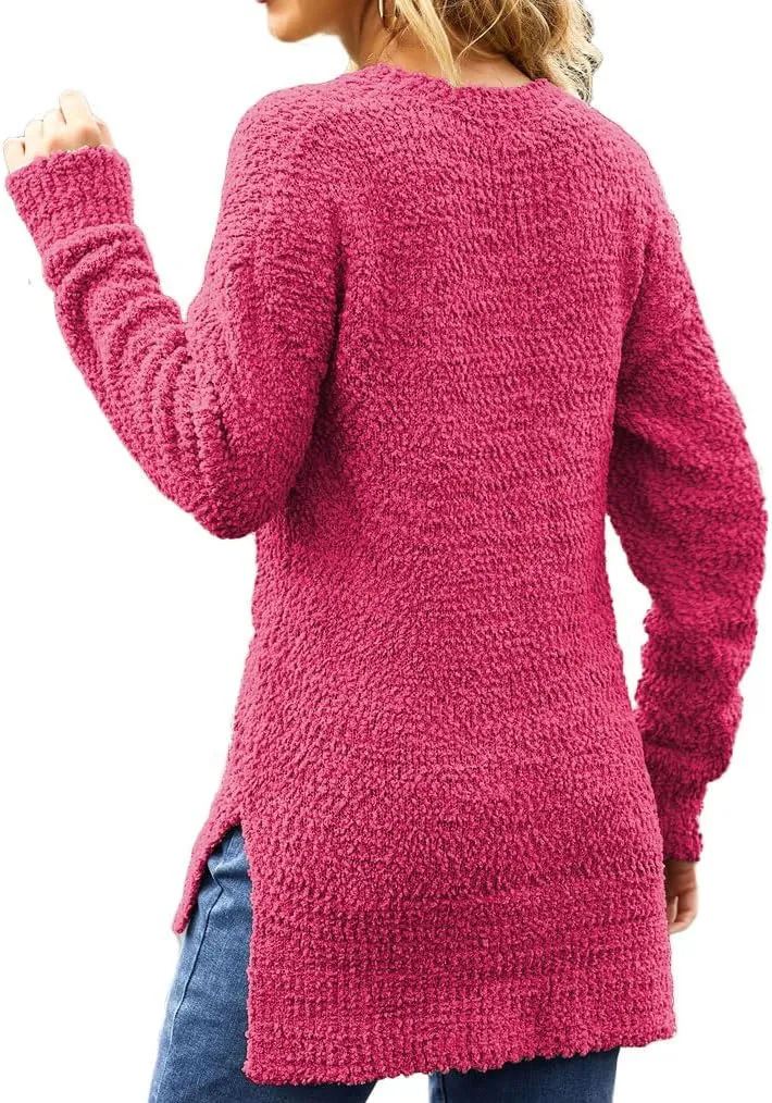 Qearal Women's Long Sleeve Fuzzy Knitted Sweater Popcorn Side Split Loose Pullover Tops