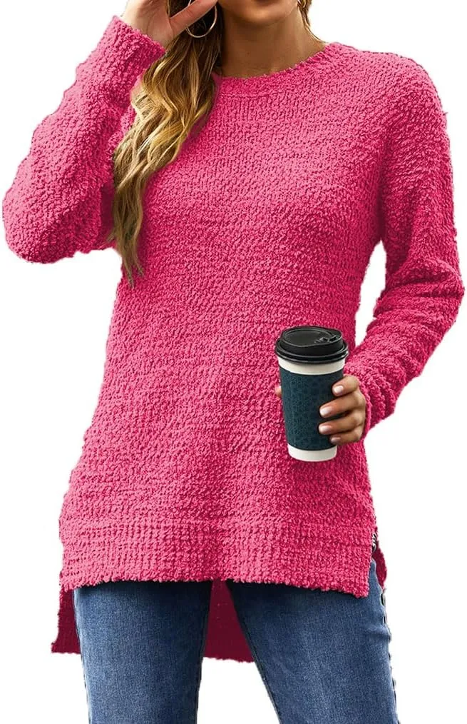 Qearal Women's Long Sleeve Fuzzy Knitted Sweater Popcorn Side Split Loose Pullover Tops
