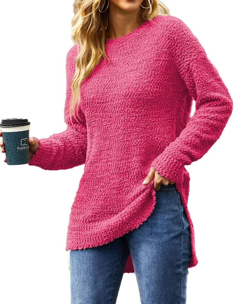Qearal Women's Long Sleeve Fuzzy Knitted Sweater Popcorn Side Split Loose Pullover Tops