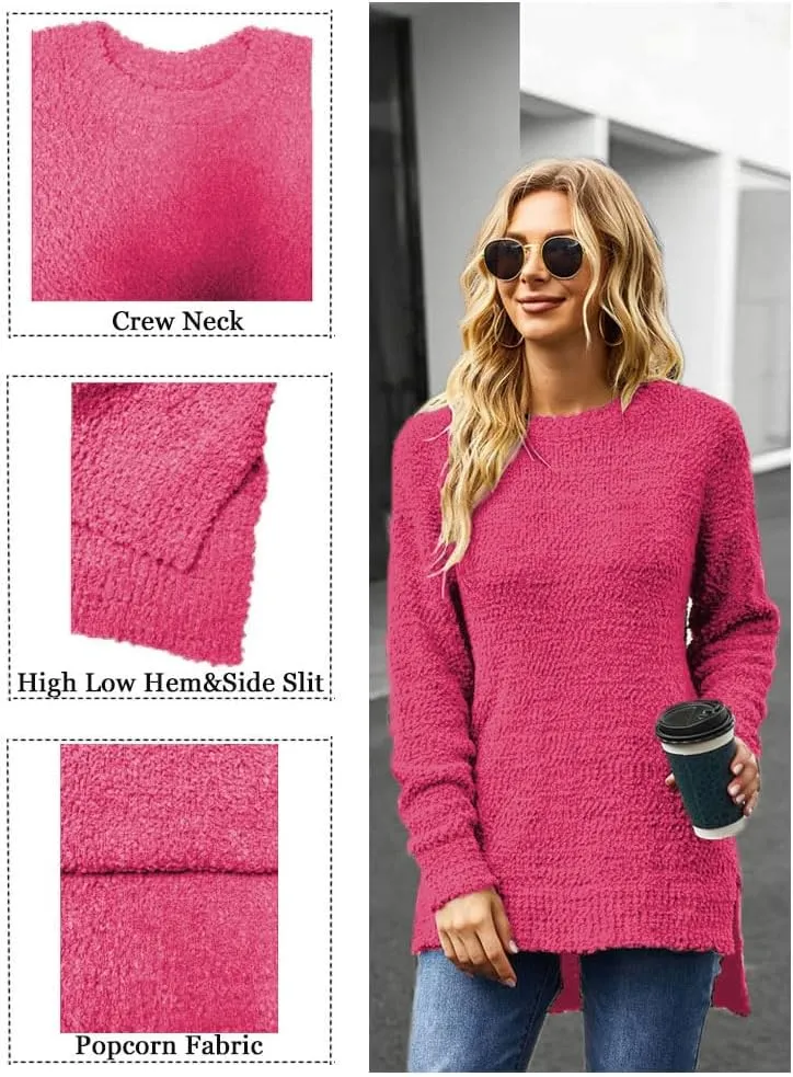 Qearal Women's Long Sleeve Fuzzy Knitted Sweater Popcorn Side Split Loose Pullover Tops