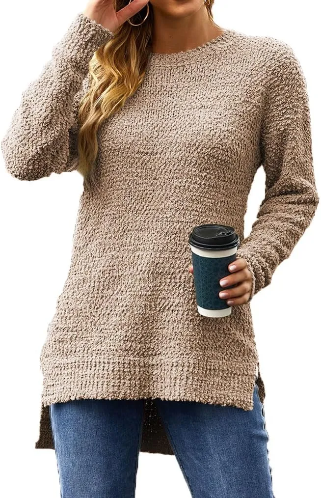 Qearal Women's Long Sleeve Fuzzy Knitted Sweater Popcorn Side Split Loose Pullover Tops