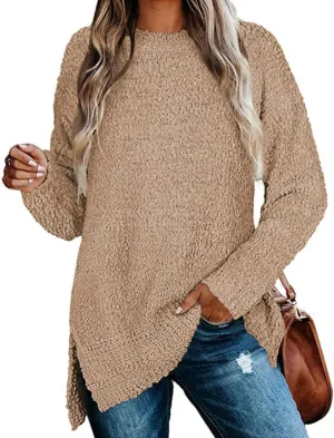Qearal Women's Long Sleeve Fuzzy Knitted Sweater Popcorn Side Split Loose Pullover Tops