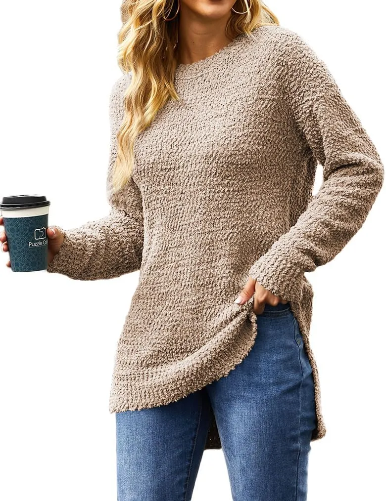 Qearal Women's Long Sleeve Fuzzy Knitted Sweater Popcorn Side Split Loose Pullover Tops
