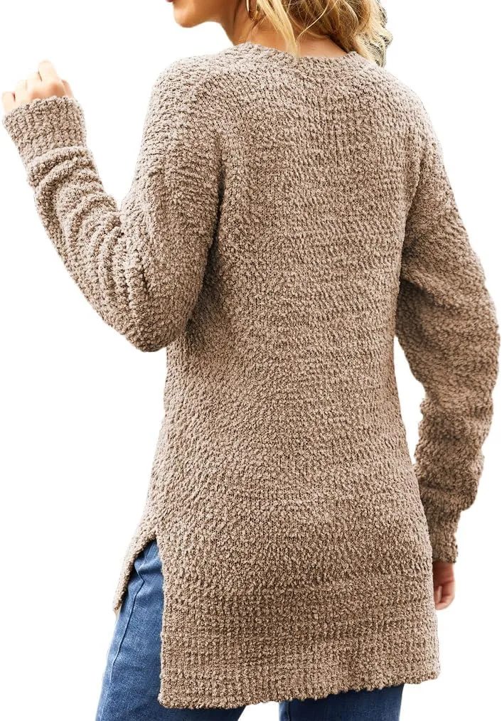 Qearal Women's Long Sleeve Fuzzy Knitted Sweater Popcorn Side Split Loose Pullover Tops