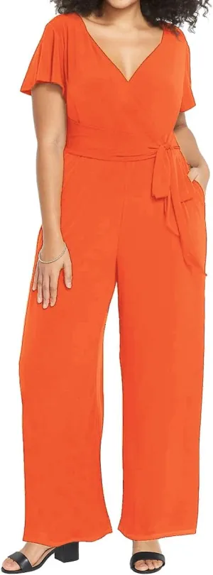 RED DOT BOUTIQUE 701 - Plus Size Mesh Long Sleeve V Wrap Neck Wide Leg Pants One Piece Jumpsuit