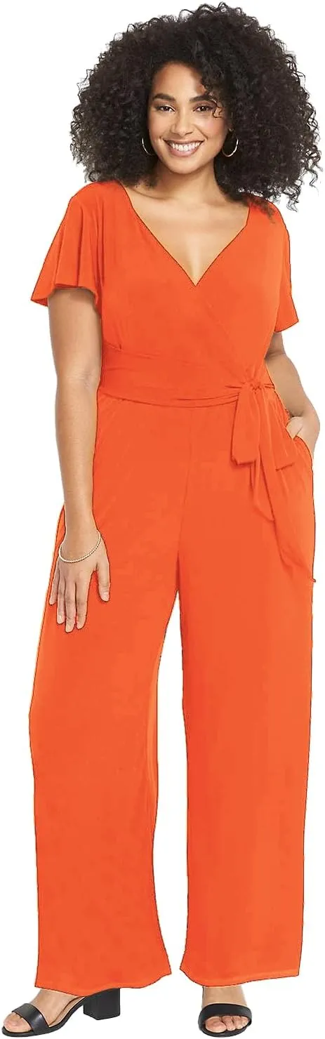 RED DOT BOUTIQUE 701 - Plus Size Mesh Long Sleeve V Wrap Neck Wide Leg Pants One Piece Jumpsuit
