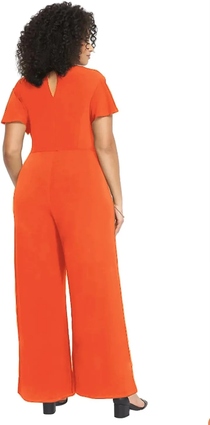RED DOT BOUTIQUE 701 - Plus Size Mesh Long Sleeve V Wrap Neck Wide Leg Pants One Piece Jumpsuit
