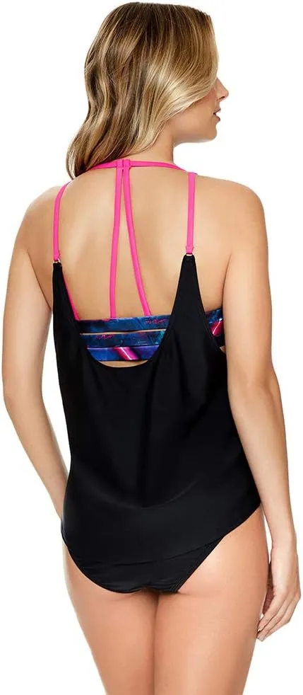 Reebok Women's Swimwear Urban Glowstick Strappy Back Scoop Neck Soft Cup Tankini Bathing Suit Top