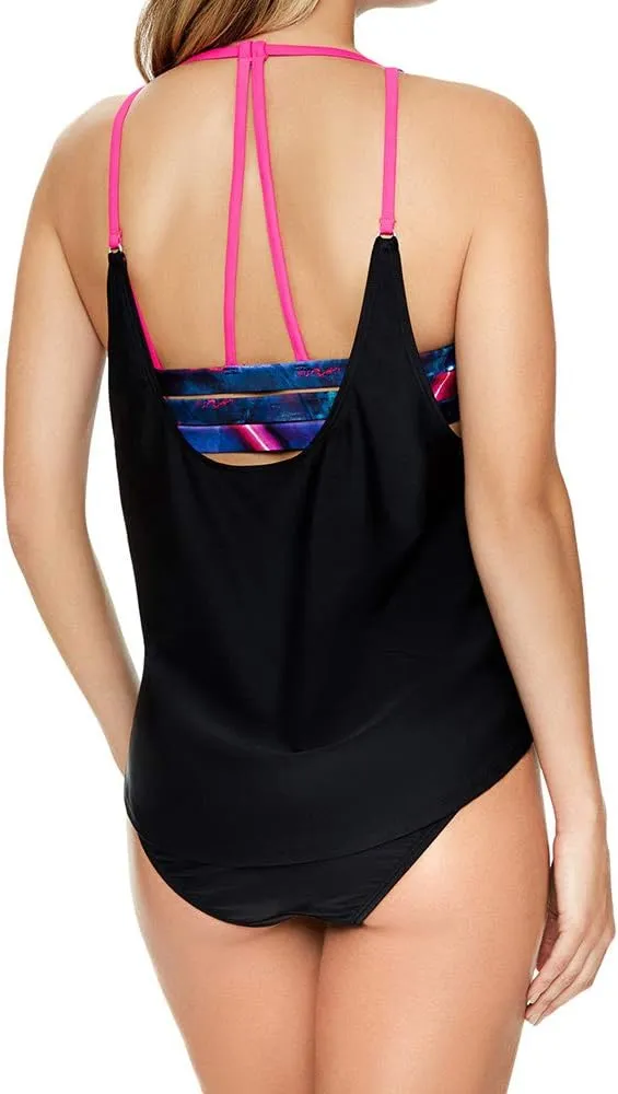 Reebok Women's Swimwear Urban Glowstick Strappy Back Scoop Neck Soft Cup Tankini Bathing Suit Top