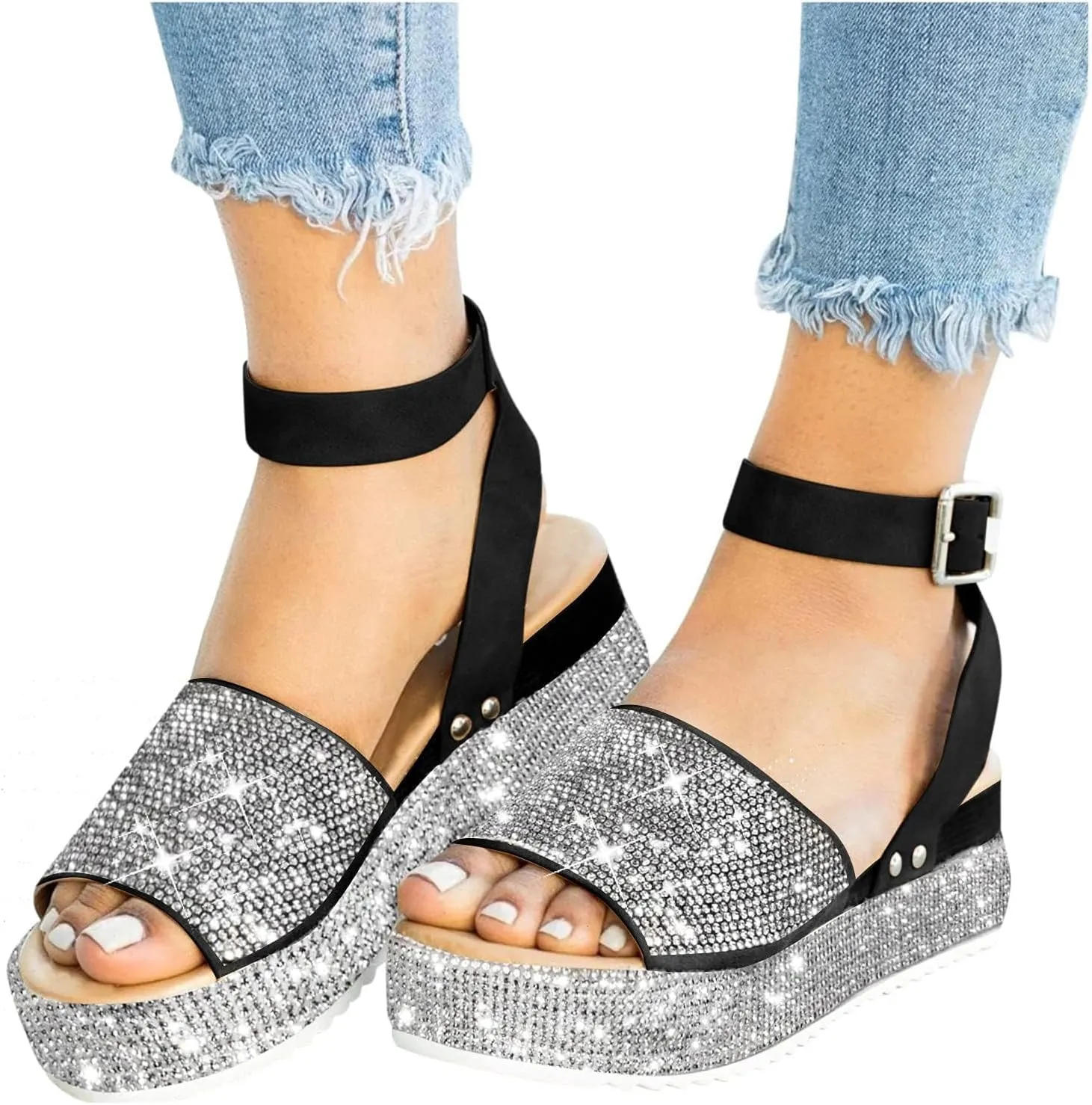 Rhinestone Glitter Flatform Sandal Women Summer Casual Dress Wedge Sandals Ankle Strap Buckle Open Toe Crystal Shoes Beach Banquet Flat Shoes
