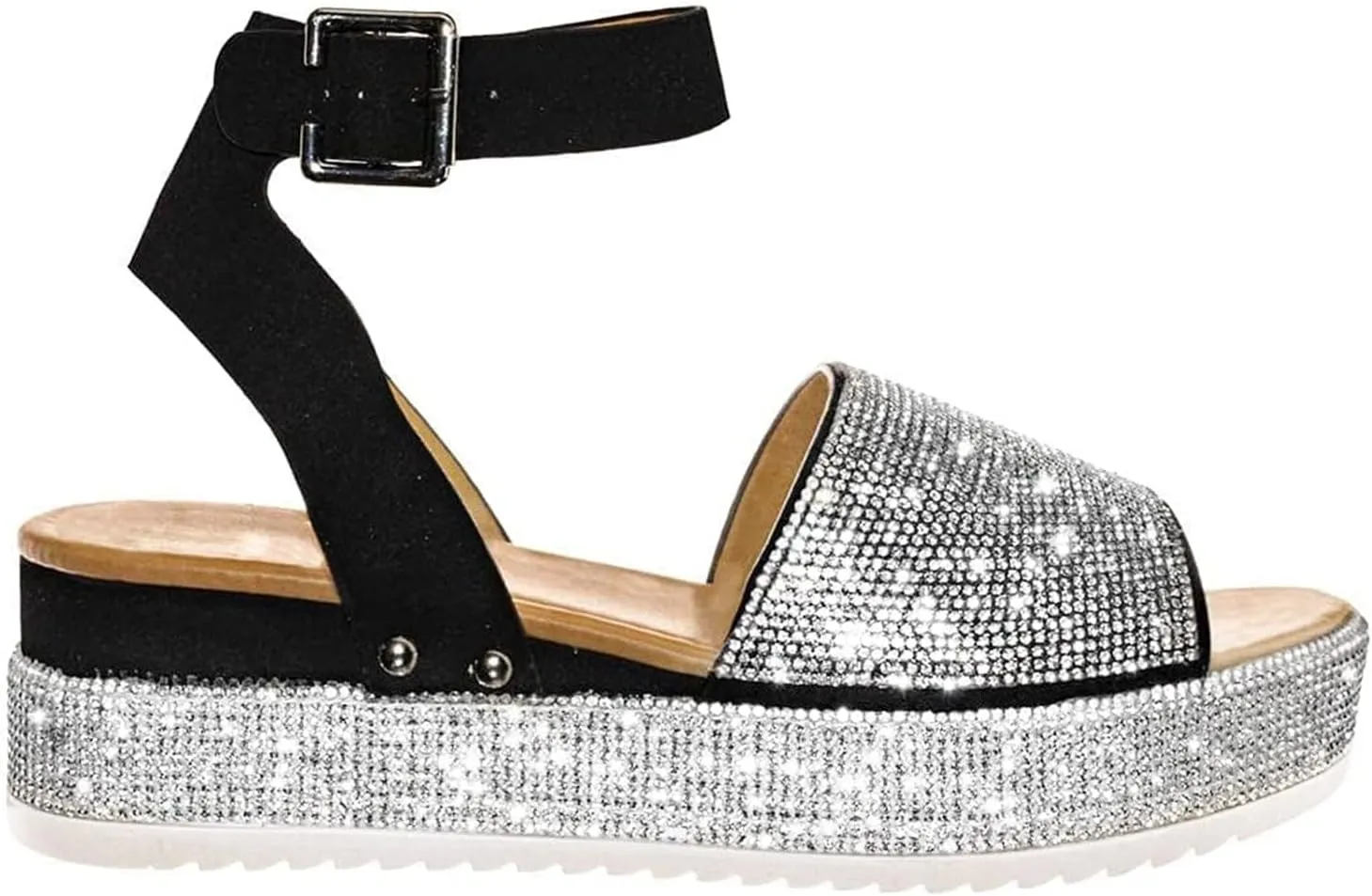 Rhinestone Glitter Flatform Sandal Women Summer Casual Dress Wedge Sandals Ankle Strap Buckle Open Toe Crystal Shoes Beach Banquet Flat Shoes