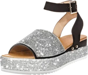 Rhinestone Glitter Flatform Sandal Women Summer Casual Dress Wedge Sandals Ankle Strap Buckle Open Toe Crystal Shoes Beach Banquet Flat Shoes
