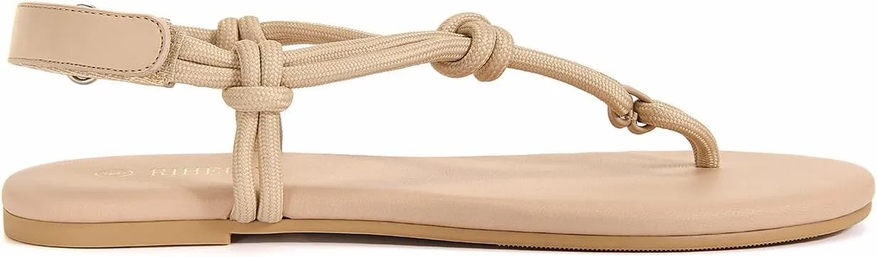 Rihero Rope Thong Sandals for Women Beach Flip Flops Comfortable Ankle Strap Slip-On Flat Sandals
