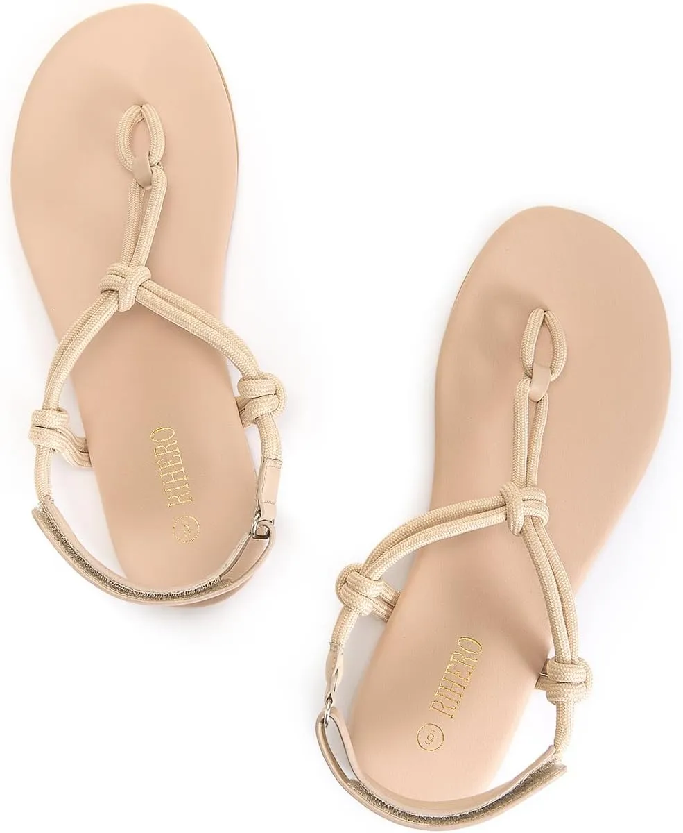 Rihero Rope Thong Sandals for Women Beach Flip Flops Comfortable Ankle Strap Slip-On Flat Sandals