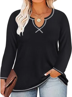 RITERA Plus Size Tops for Women Long Sleeve Waffle Knit Shirts Casual Oversized V Neck Basic Solid Sweatshirts XL-5XL