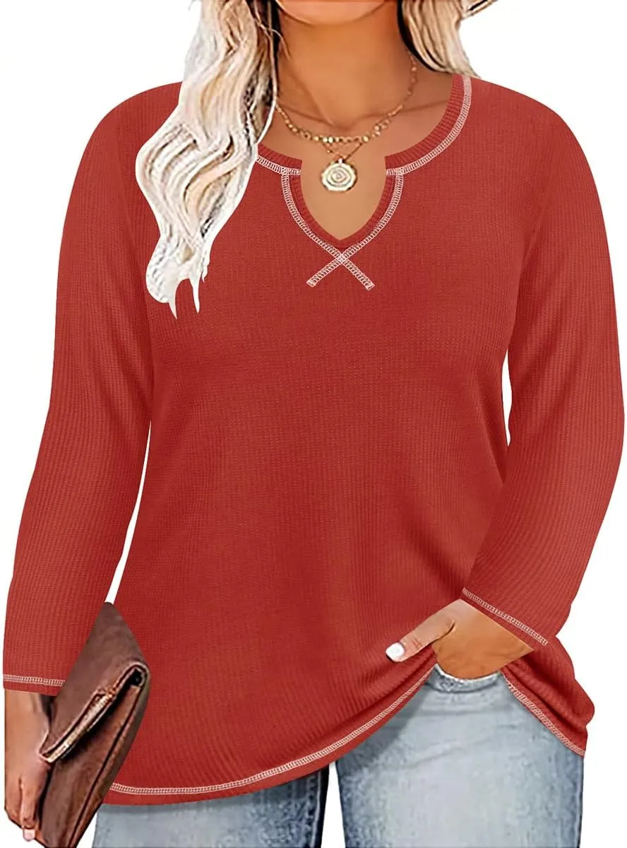 RITERA Plus Size Tops for Women Long Sleeve Waffle Knit Shirts Casual Oversized V Neck Basic Solid Sweatshirts XL-5XL
