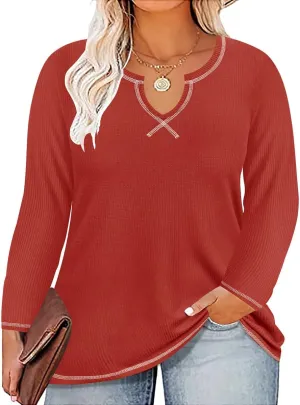 RITERA Plus Size Tops for Women Long Sleeve Waffle Knit Shirts Casual Oversized V Neck Basic Solid Sweatshirts XL-5XL