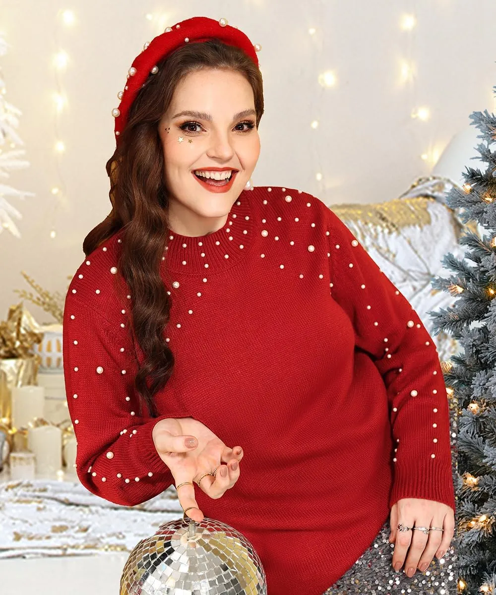 RITERA Womens Plus Size Sweaters Pearl Long Sleeve Casual Pullover Warm Jumper Knit Tops XL-5XL