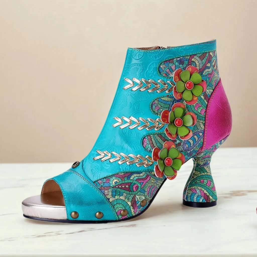 Riutiru Women's Handmade Lambskin Retro Casual Sandals for Spring and Summer, Contrast 3D Color-blocking Flower Comfortable High-heeled Sandals for Women