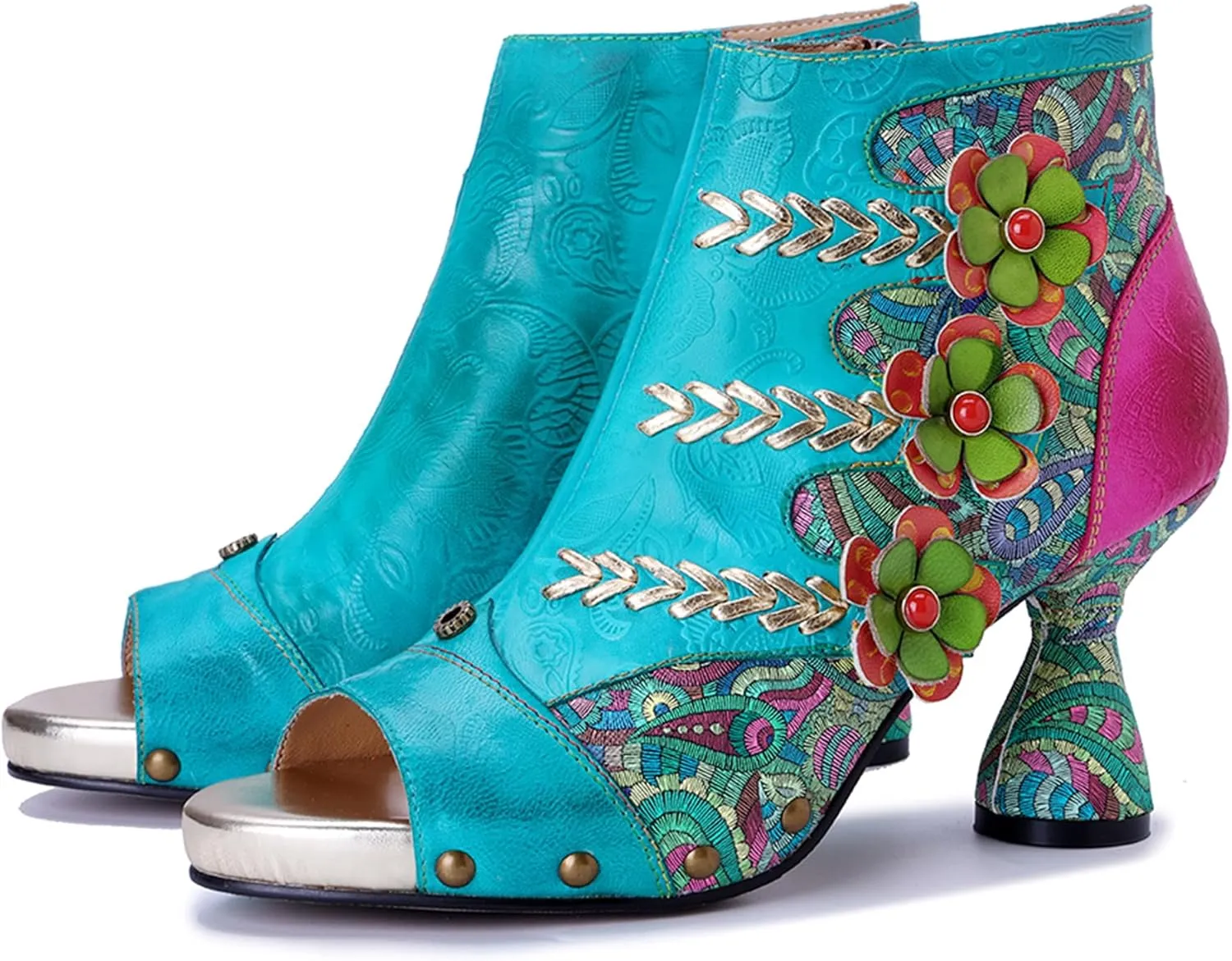Riutiru Women's Handmade Lambskin Retro Casual Sandals for Spring and Summer, Contrast 3D Color-blocking Flower Comfortable High-heeled Sandals for Women