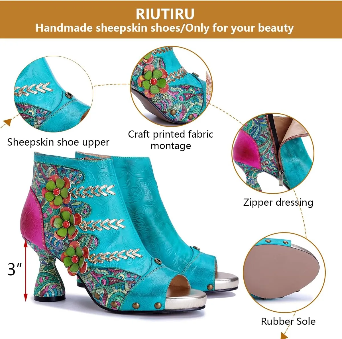 Riutiru Women's Handmade Lambskin Retro Casual Sandals for Spring and Summer, Contrast 3D Color-blocking Flower Comfortable High-heeled Sandals for Women