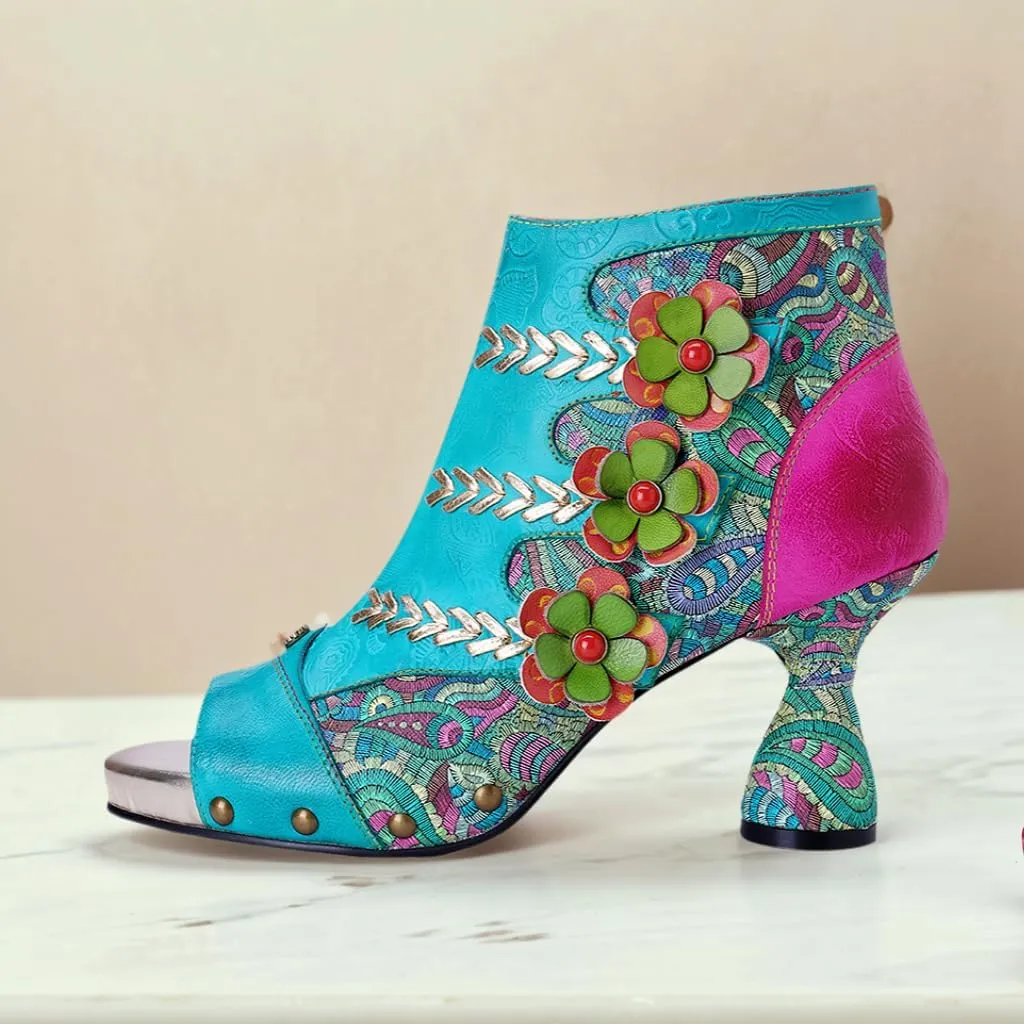 Riutiru Women's Handmade Lambskin Retro Casual Sandals for Spring and Summer, Contrast 3D Color-blocking Flower Comfortable High-heeled Sandals for Women