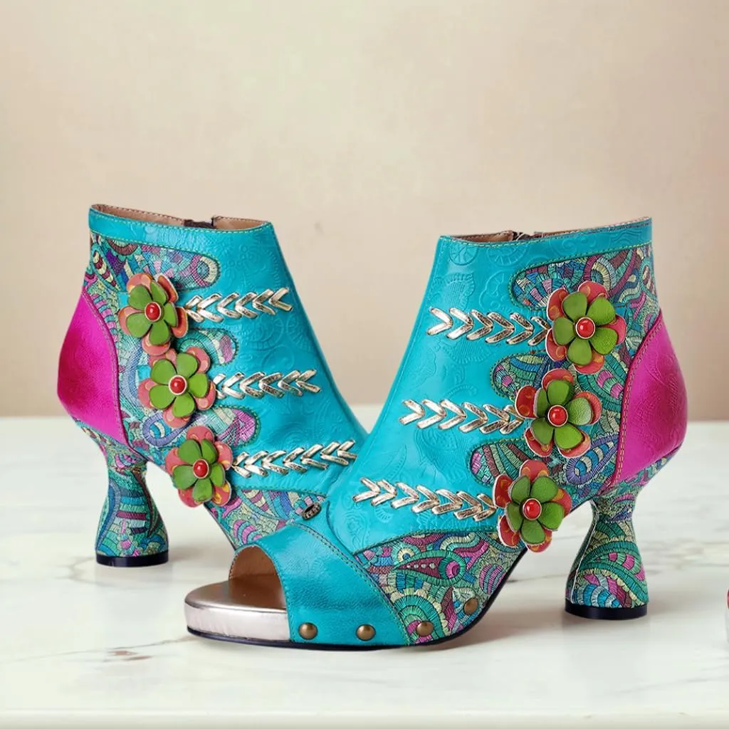 Riutiru Women's Handmade Lambskin Retro Casual Sandals for Spring and Summer, Contrast 3D Color-blocking Flower Comfortable High-heeled Sandals for Women