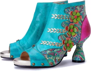 Riutiru Women's Handmade Lambskin Retro Casual Sandals for Spring and Summer, Contrast 3D Color-blocking Flower Comfortable High-heeled Sandals for Women
