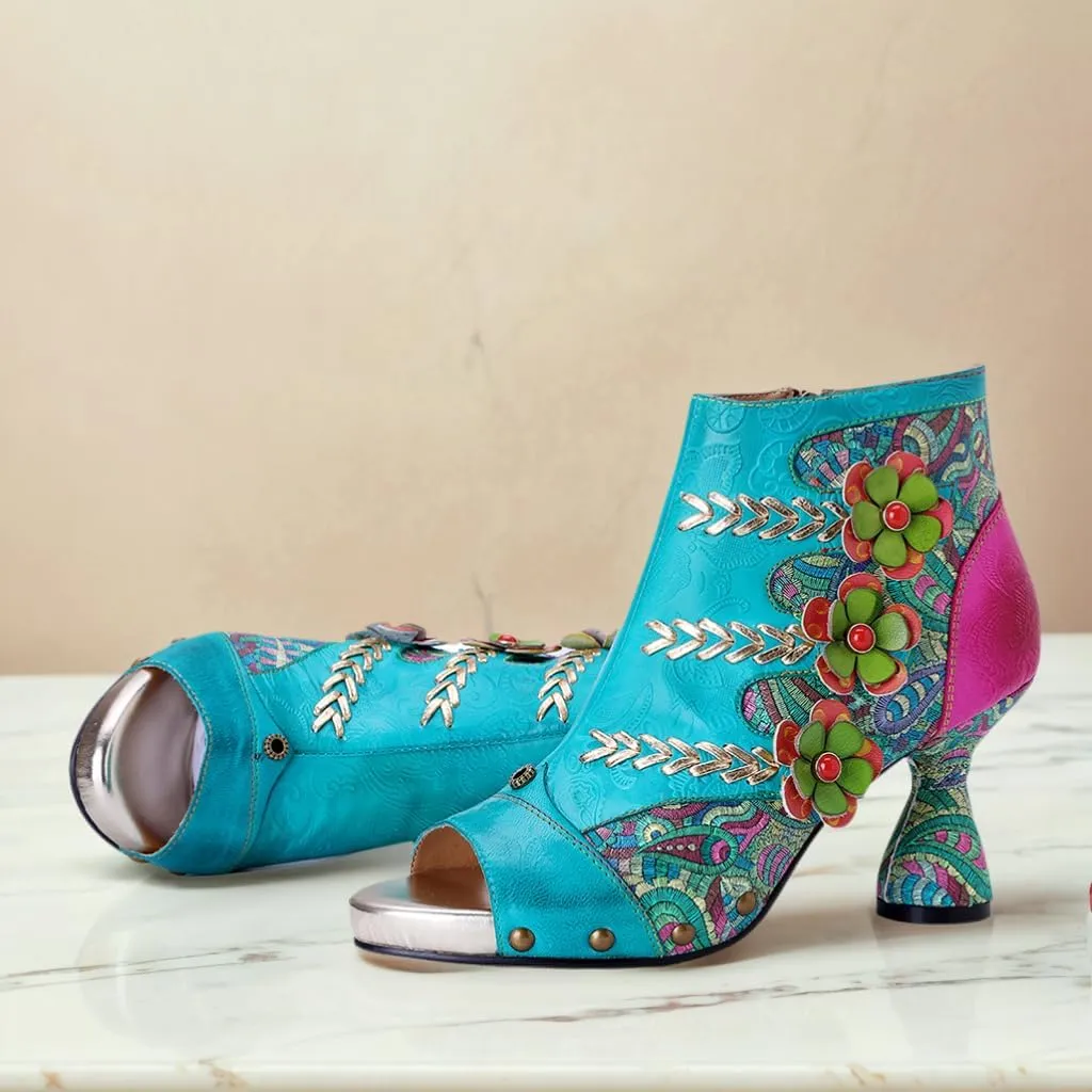 Riutiru Women's Handmade Lambskin Retro Casual Sandals for Spring and Summer, Contrast 3D Color-blocking Flower Comfortable High-heeled Sandals for Women