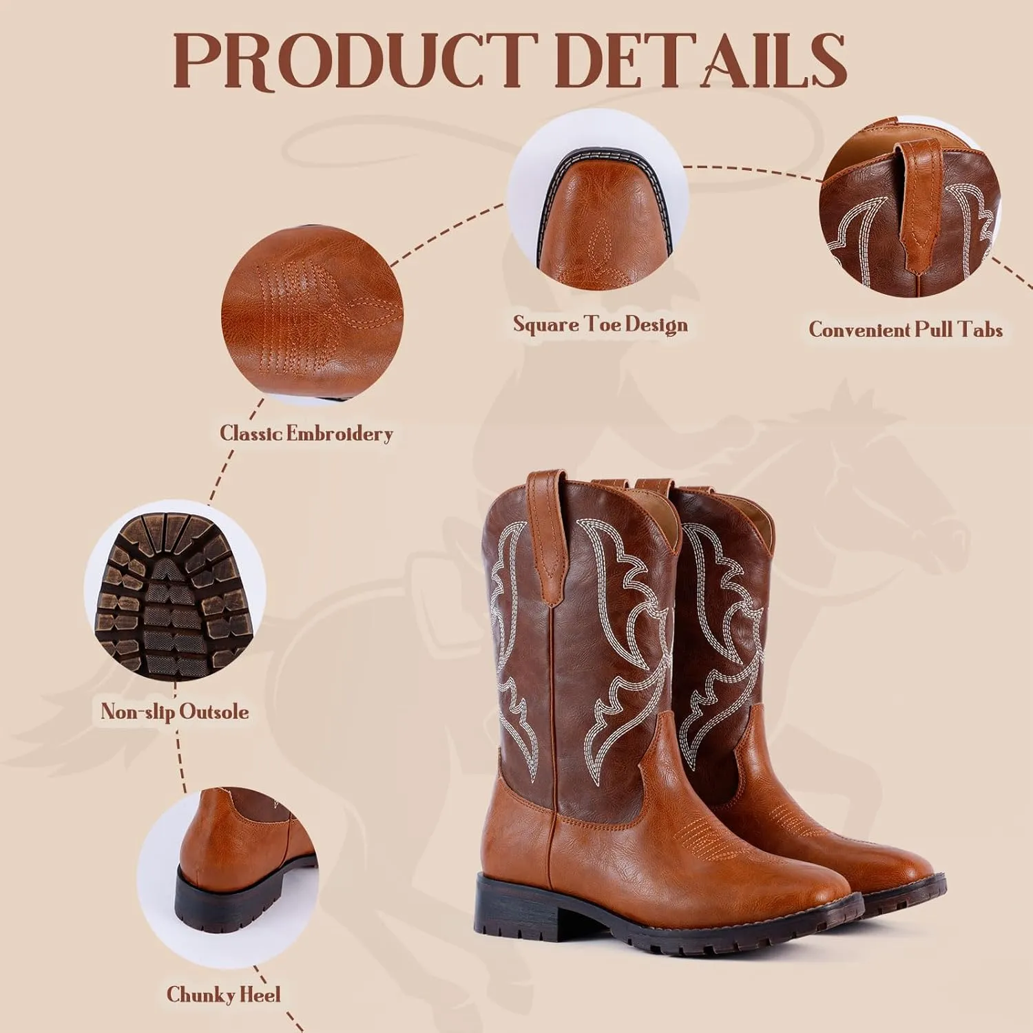 RLW Men's Western Cowboy Boots Waterproof Square Toe Slip On Work Boots for Construction Farming