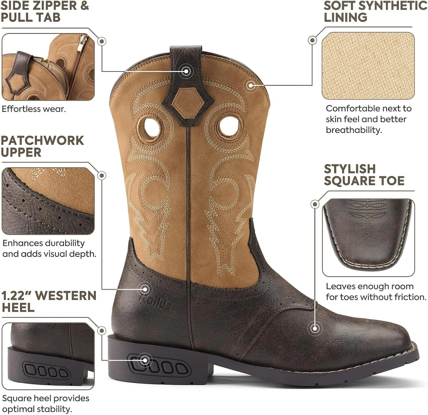 Rollda Boys Cowboy Boots Kids Western Boots Square Toe Girls Cowgirl Boots for Toddler/Little Kid/Big Kid