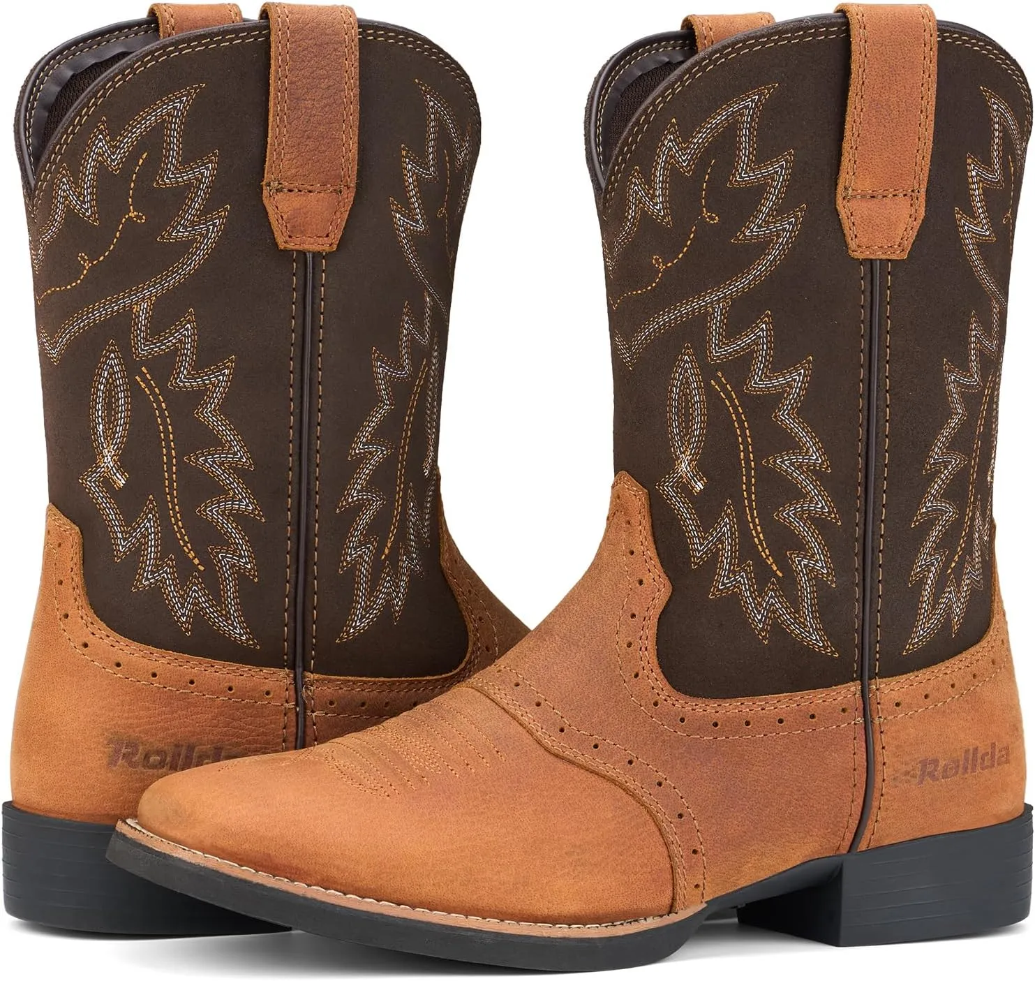 Rollda Leather Cowboy Boots for Men Western Boots Square Toe Chunky Heel Mid-Calf Boots Classic Embroidered with Pull On Tabs