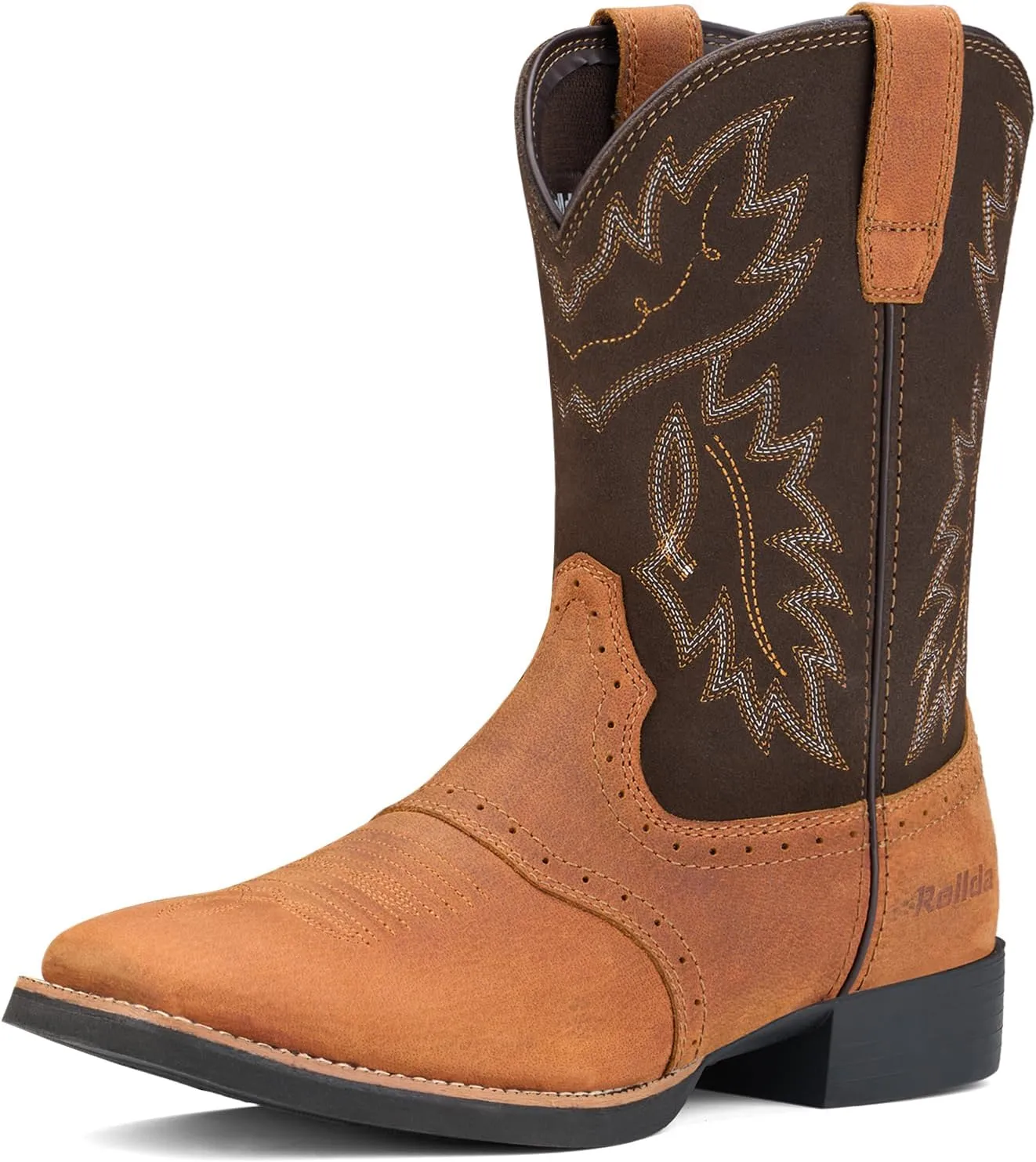 Rollda Leather Cowboy Boots for Men Western Boots Square Toe Chunky Heel Mid-Calf Boots Classic Embroidered with Pull On Tabs