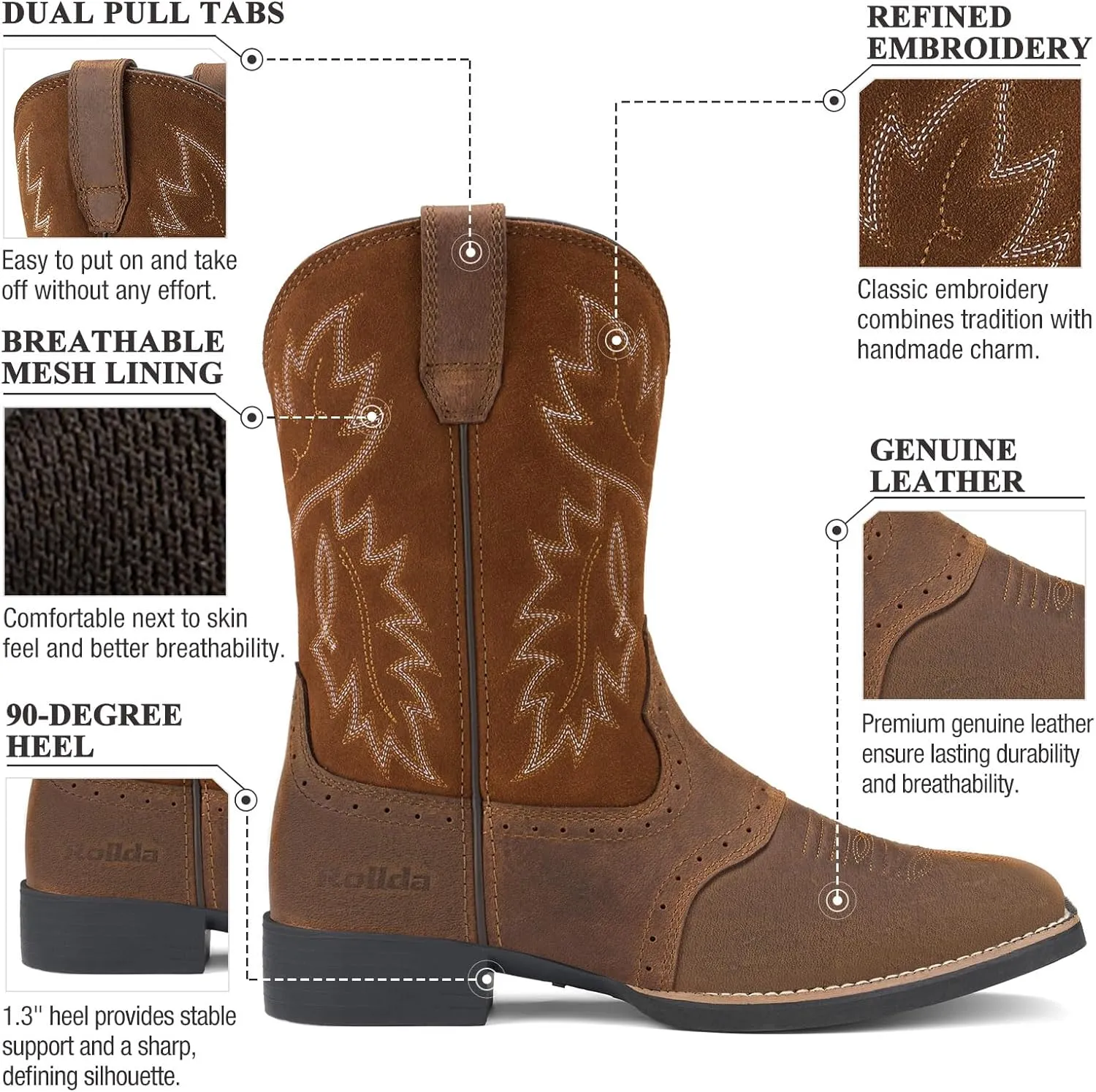 Rollda Leather Cowboy Boots for Men Western Boots Square Toe Chunky Heel Mid-Calf Boots Classic Embroidered with Pull On Tabs