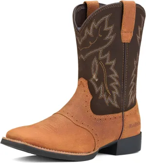 Rollda Leather Cowboy Boots for Men Western Boots Square Toe Chunky Heel Mid-Calf Boots Classic Embroidered with Pull On Tabs