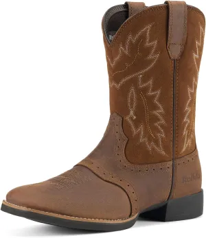 Rollda Leather Cowboy Boots for Men Western Boots Square Toe Chunky Heel Mid-Calf Boots Classic Embroidered with Pull On Tabs