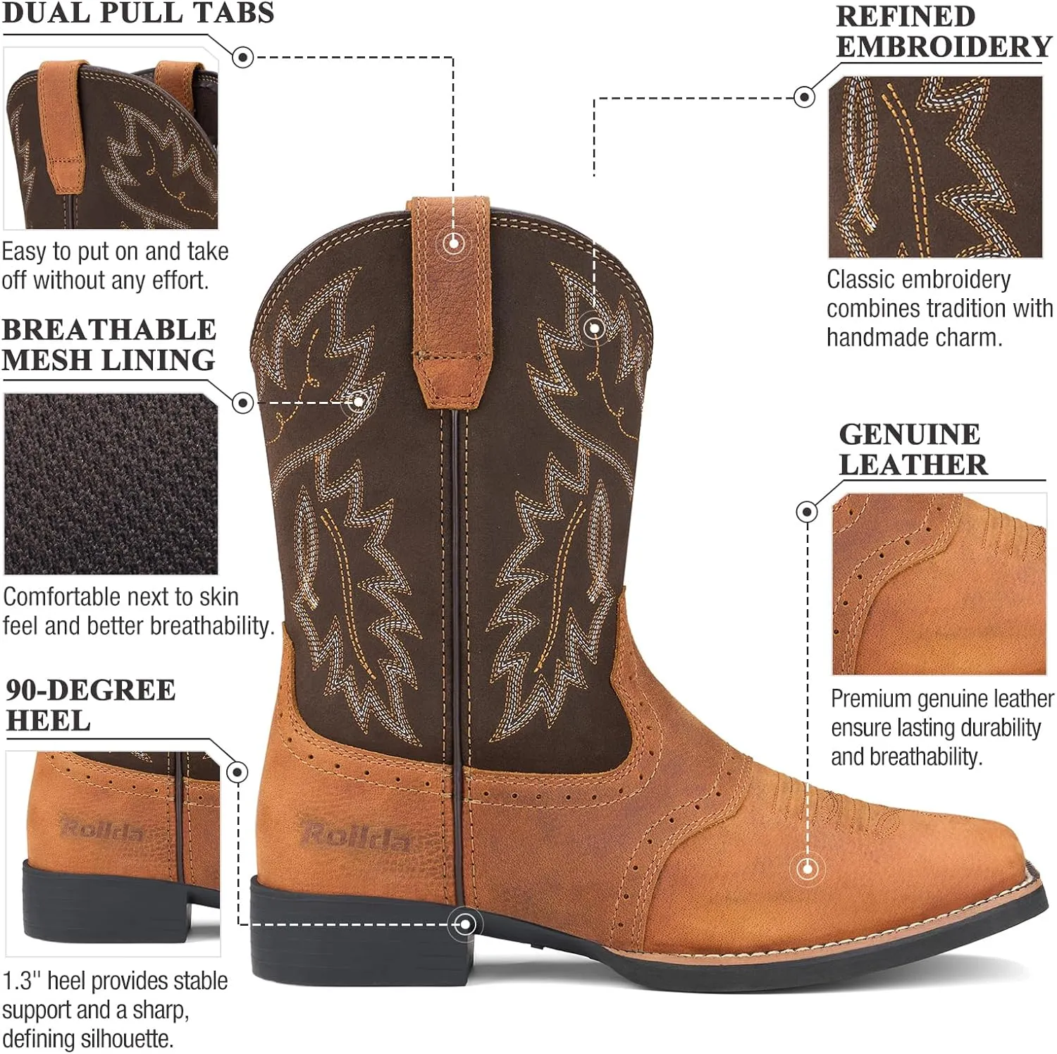 Rollda Leather Cowboy Boots for Men Western Boots Square Toe Chunky Heel Mid-Calf Boots Classic Embroidered with Pull On Tabs