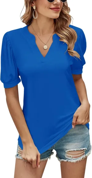 Romanstii Women Casual V-Neck T-Shirts Loose Puff Short Sleeve Tops Tunic Blouses