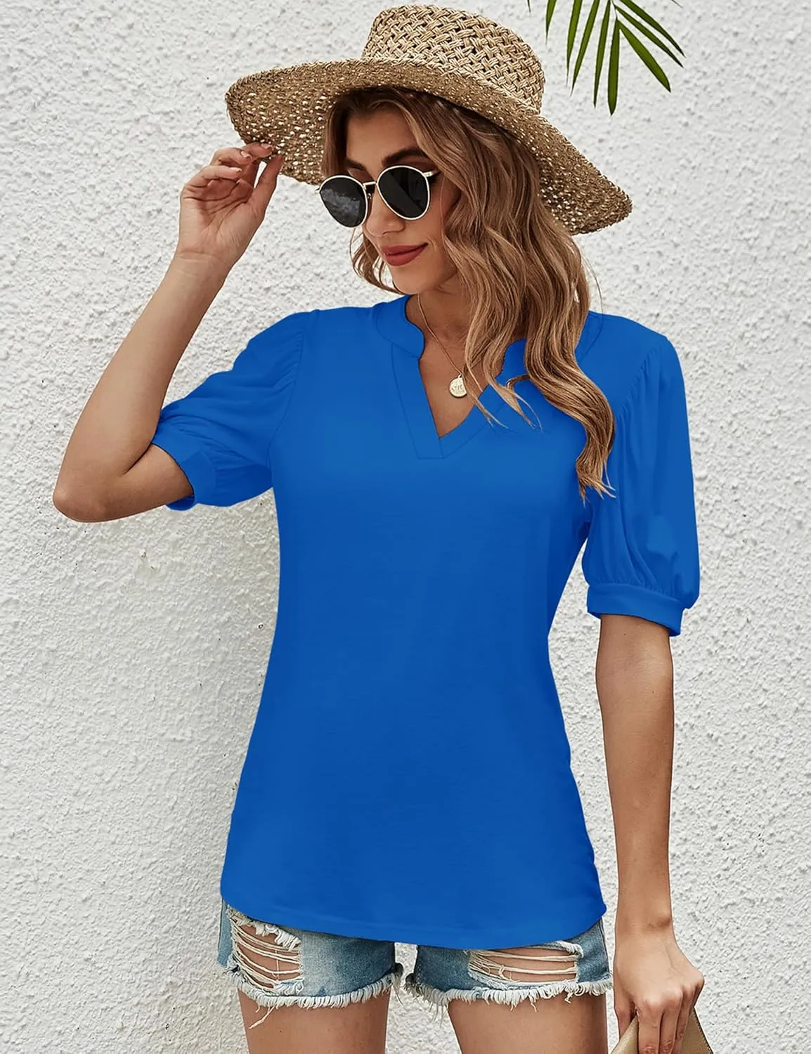 Romanstii Women Casual V-Neck T-Shirts Loose Puff Short Sleeve Tops Tunic Blouses