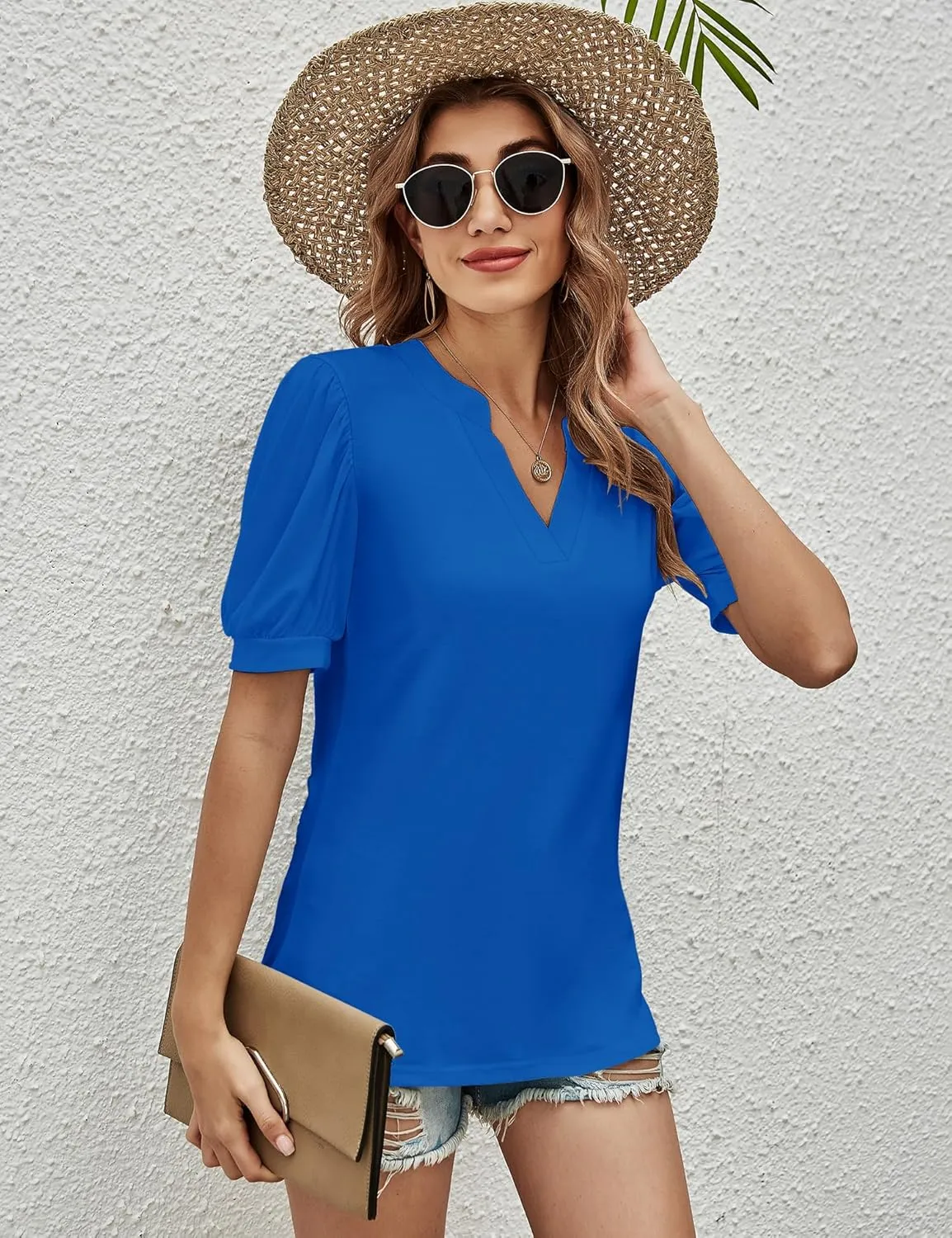 Romanstii Women Casual V-Neck T-Shirts Loose Puff Short Sleeve Tops Tunic Blouses