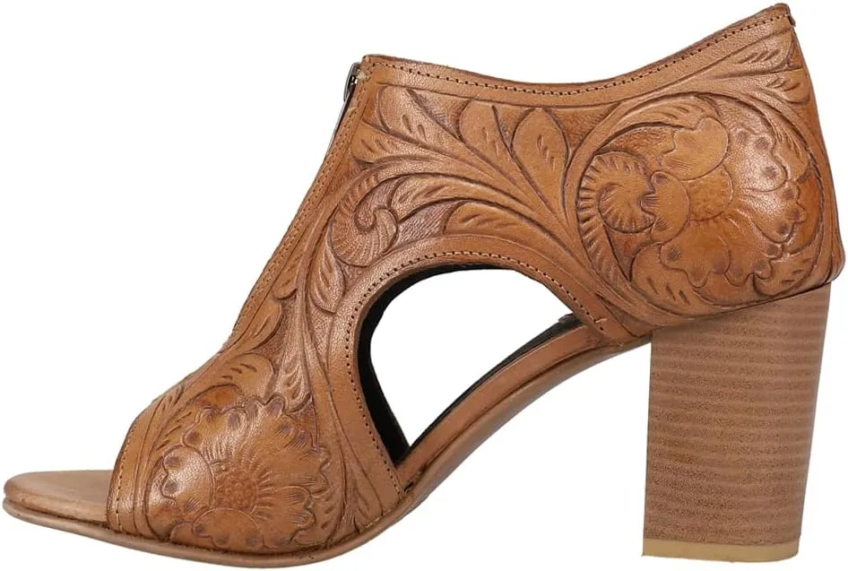 ROPER Womens Mika Floral Embossed Peep Toe Zippered Shootie Pumps Casual Sandals Casual High Heel 3" & Up - Brown