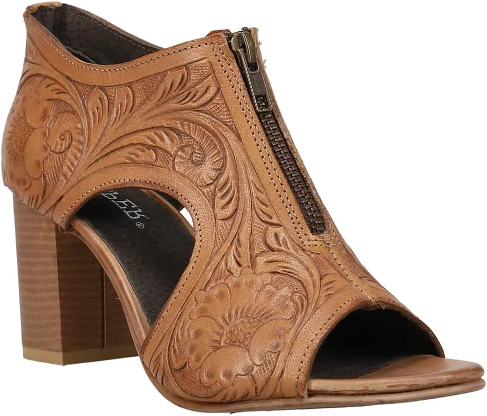 ROPER Womens Mika Floral Embossed Peep Toe Zippered Shootie Pumps Casual Sandals Casual High Heel 3" & Up - Brown